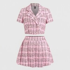 Pink plaid preppy Mini Skirt Set short sleeve